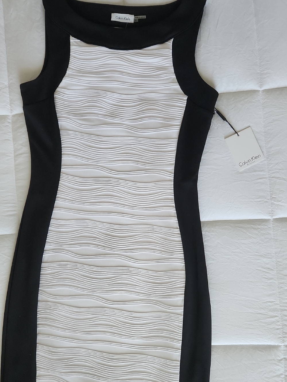 Calvin Klein Black and White Textured Panel Midi Dress